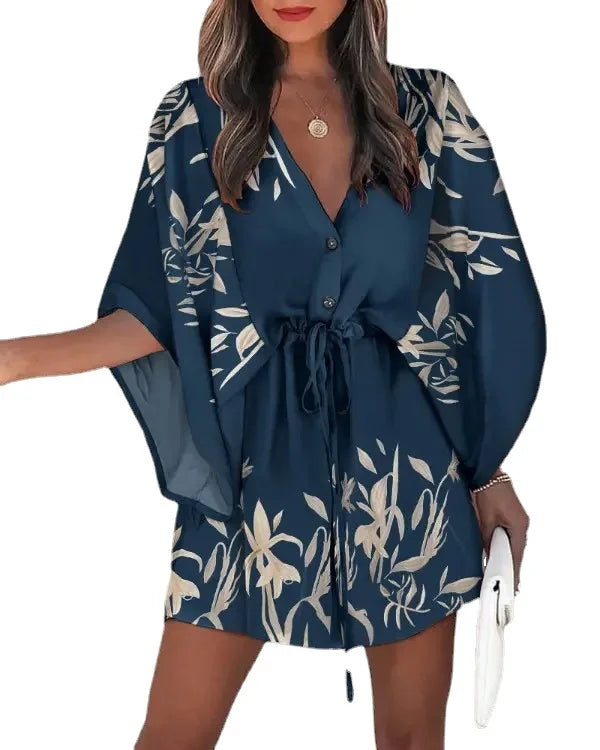 Vestido Boho Floral de Verão com Manga Morcego, Decote V e Barra Assimétrica