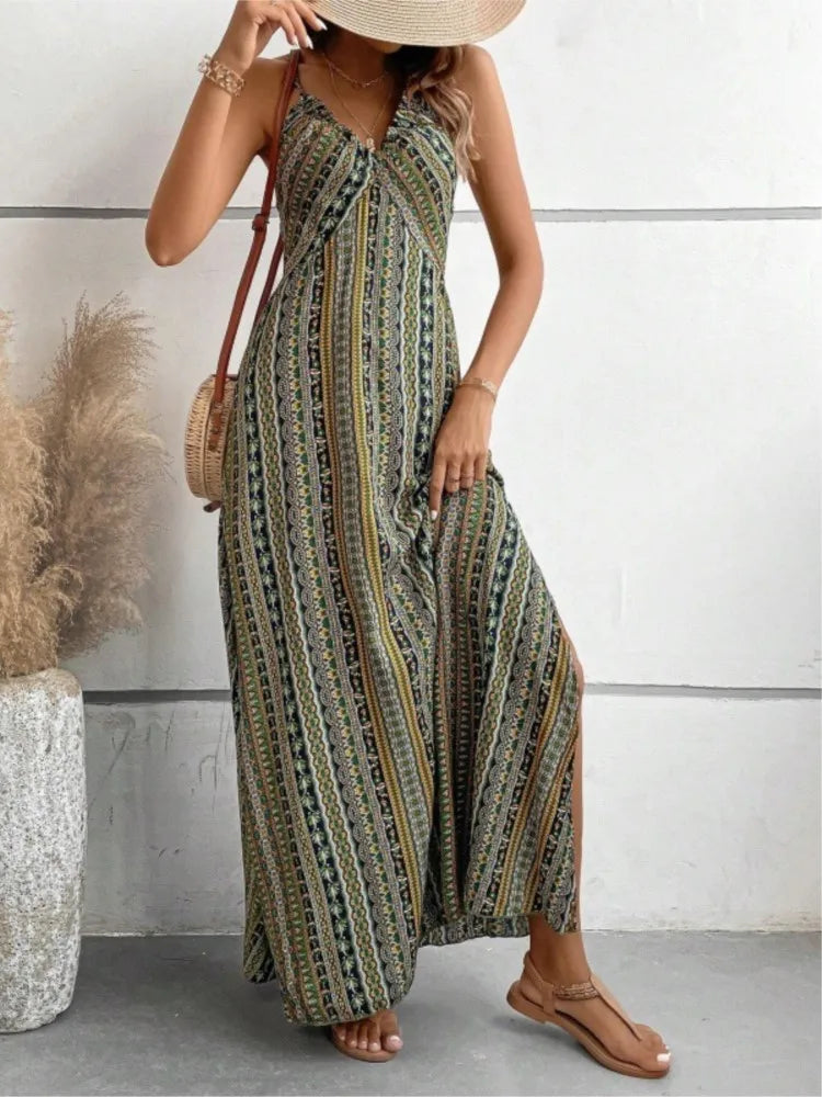 Vestido Longo Feminino Estampado com Decote Halter