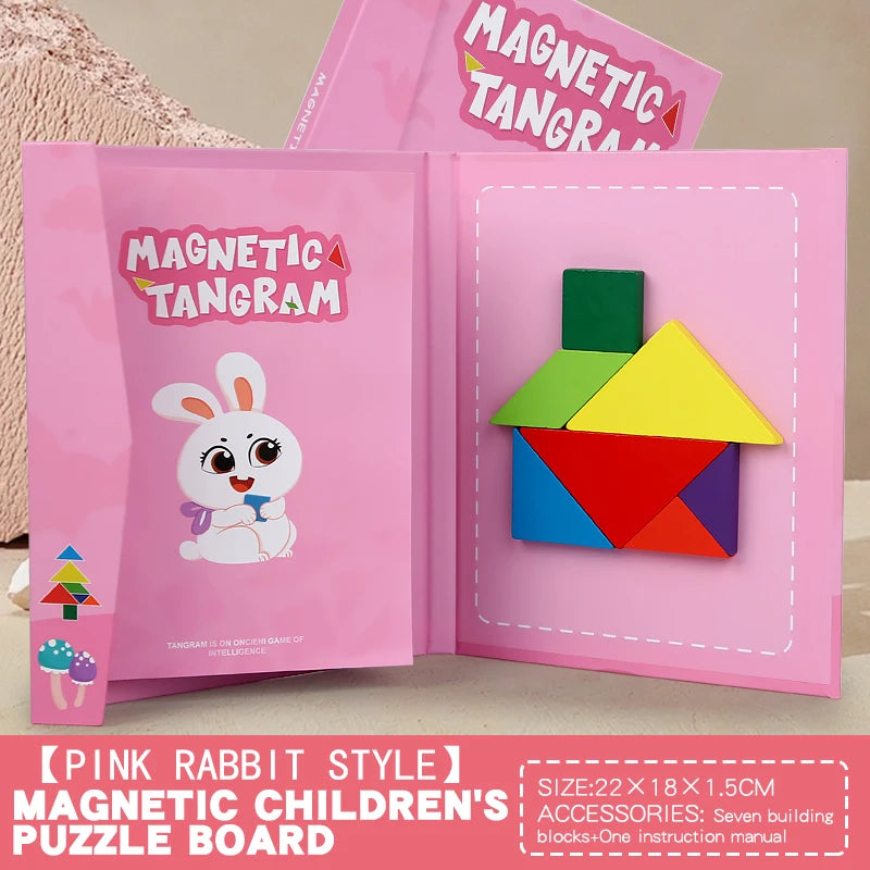 Livro Quebra‑Cabeça Tangram Magnético em Madeira – Brinquedo Educativo Montessori Portátil