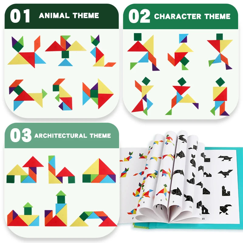 Livro Quebra‑Cabeça Tangram Magnético em Madeira – Brinquedo Educativo Montessori Portátil