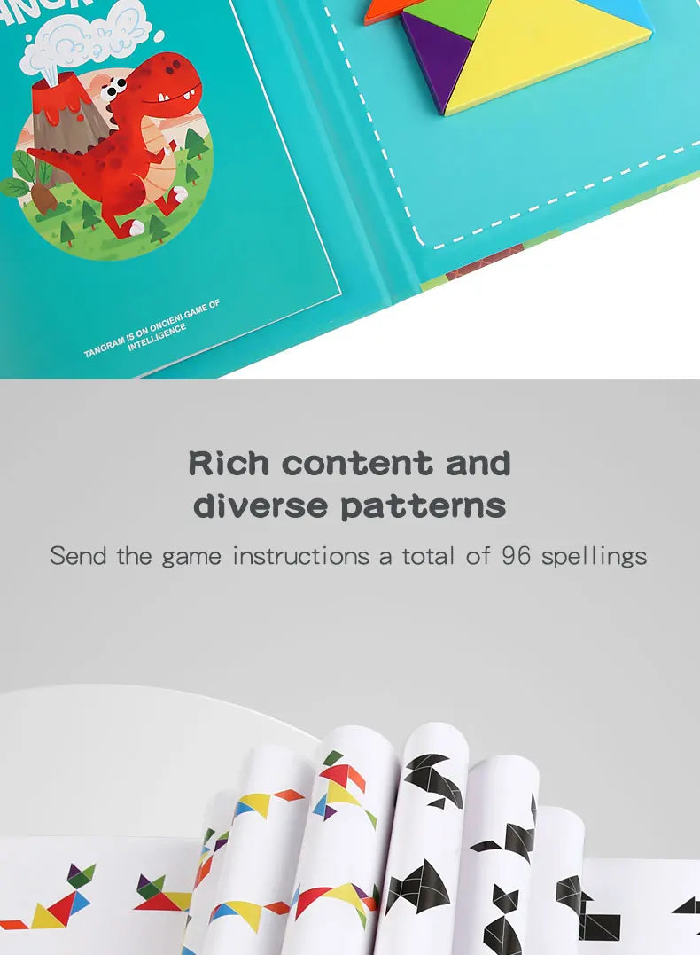 Livro Quebra‑Cabeça Tangram Magnético em Madeira – Brinquedo Educativo Montessori Portátil