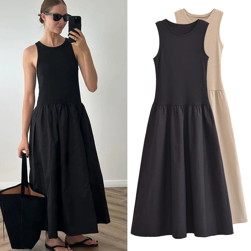Vestido Longo Preto Feminino HXAO – Regata com Decote Redondo, Elegante e Confortável