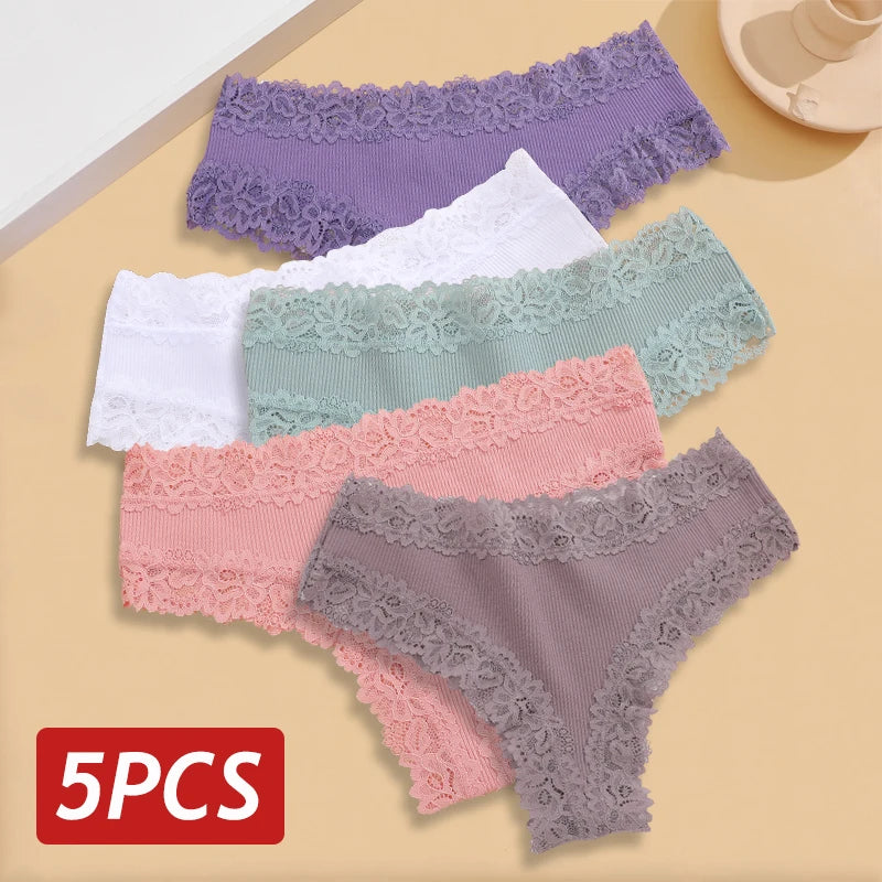 Kit com 5 Calcinhas Femininas de Algodão Sem Costura – Conforto Diário com Renda Delicada (S a XL)