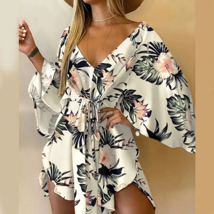 Vestido Boho Estampado com Decote V e Manga Morcego – Mini Soltinho