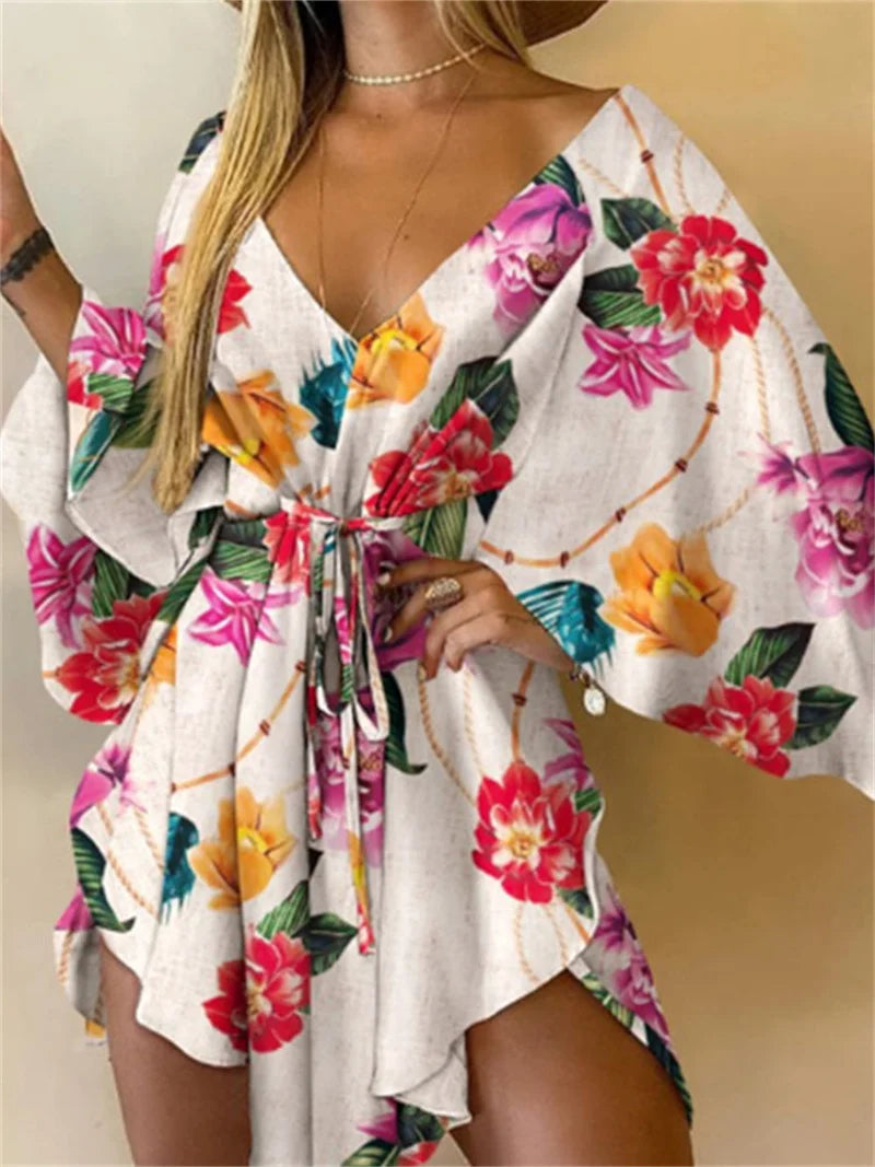 Vestido Boho Estampado com Decote V e Manga Morcego – Mini Soltinho