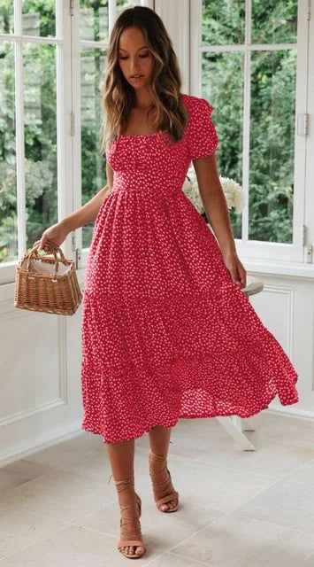 Vestido Feminino Boho Midi com Estampa Animal, Manga Bufante e Decote Quadrado – Verão Elegante e Estiloso