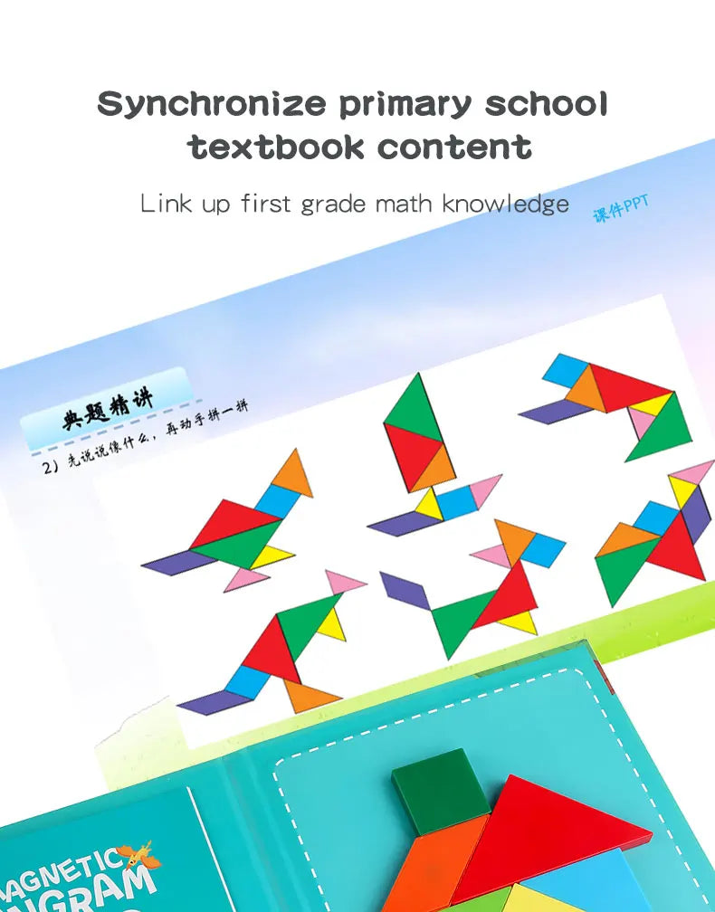 Livro Quebra‑Cabeça Tangram Magnético em Madeira – Brinquedo Educativo Montessori Portátil