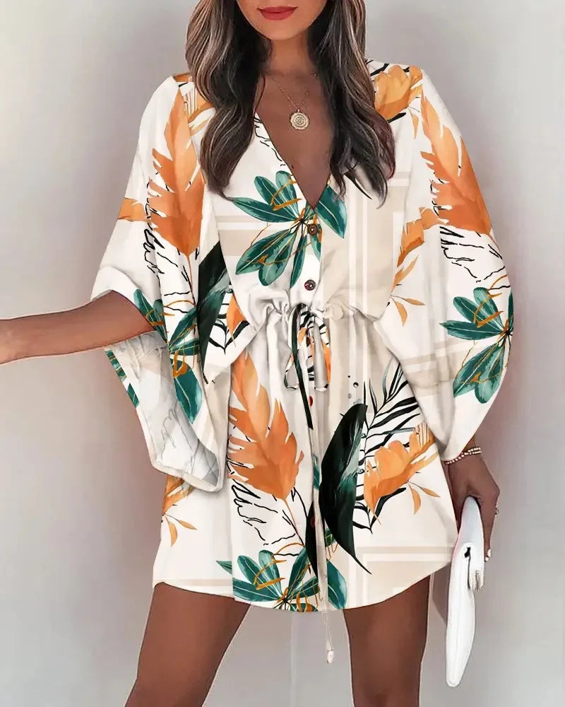 Vestido Boho Floral de Verão com Manga Morcego, Decote V e Barra Assimétrica