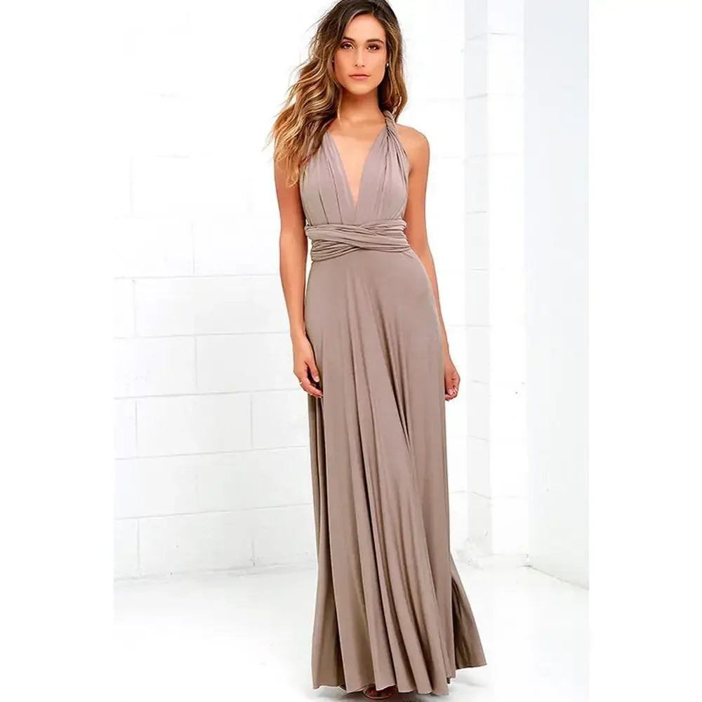 Vestido Longo Feminino Multiuso com Decote V – Elegância Boho para Todas as Ocasiões