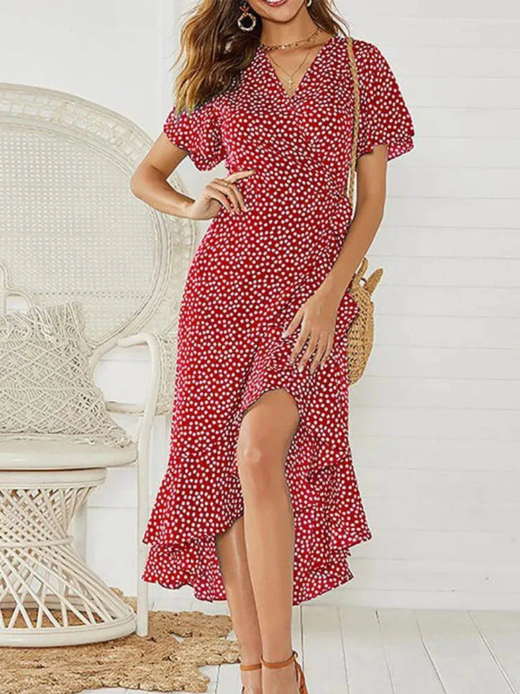 Vestido Longo Floral Boho de Verão em Chiffon com Babados