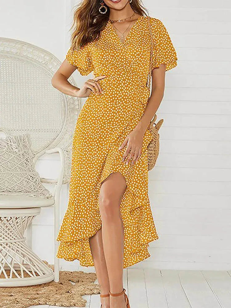 Vestido Longo Floral Boho de Verão em Chiffon com Babados