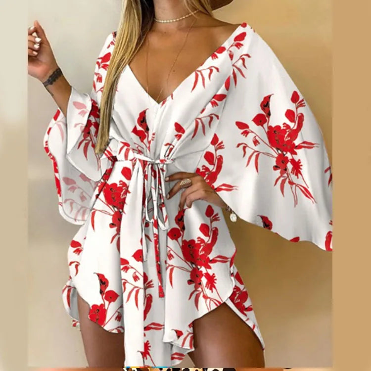 Vestido Boho Estampado com Decote V e Manga Morcego – Mini Soltinho