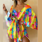 Vestido Boho Estampado com Decote V e Manga Morcego – Mini Soltinho