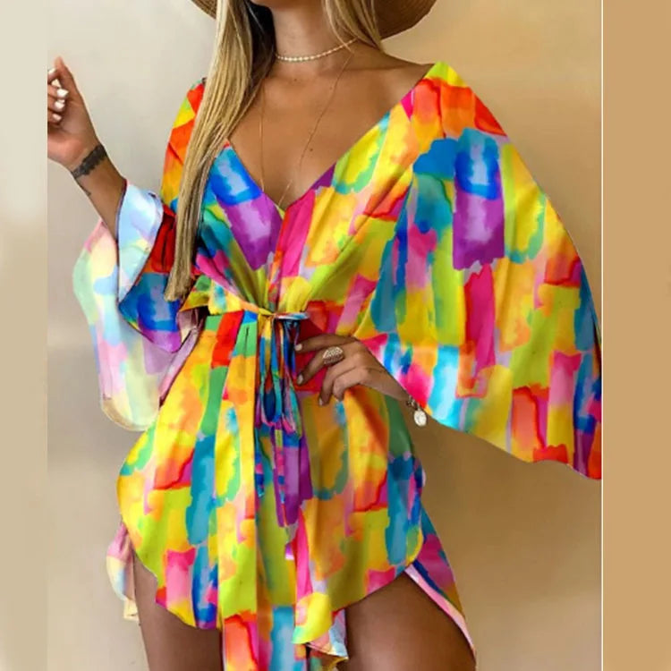 Vestido Boho Estampado com Decote V e Manga Morcego – Mini Soltinho