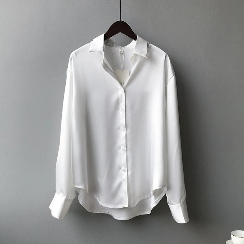 Camisa de Seda/Cetim Fashion com Botões – Estilo Vintage Feminino
