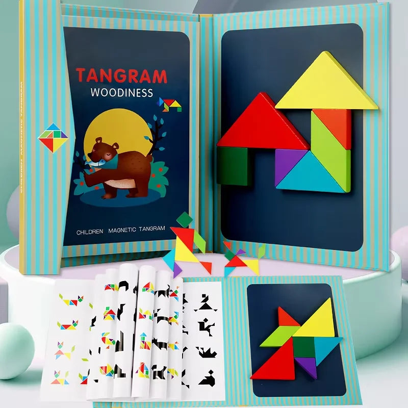 Livro Quebra‑Cabeça Tangram Magnético em Madeira – Brinquedo Educativo Montessori Portátil
