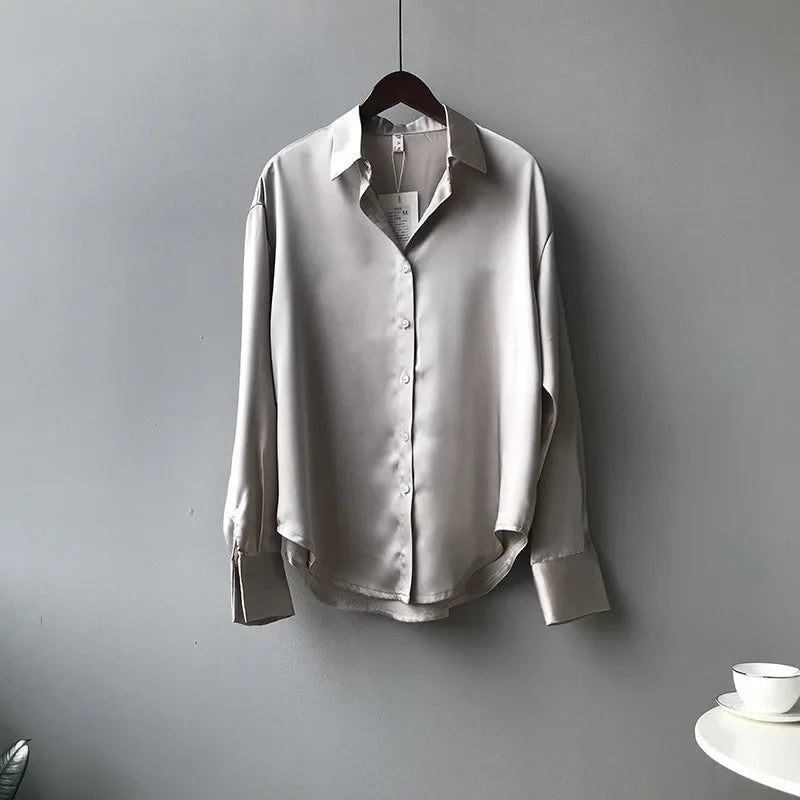Camisa de Seda/Cetim Fashion com Botões – Estilo Vintage Feminino