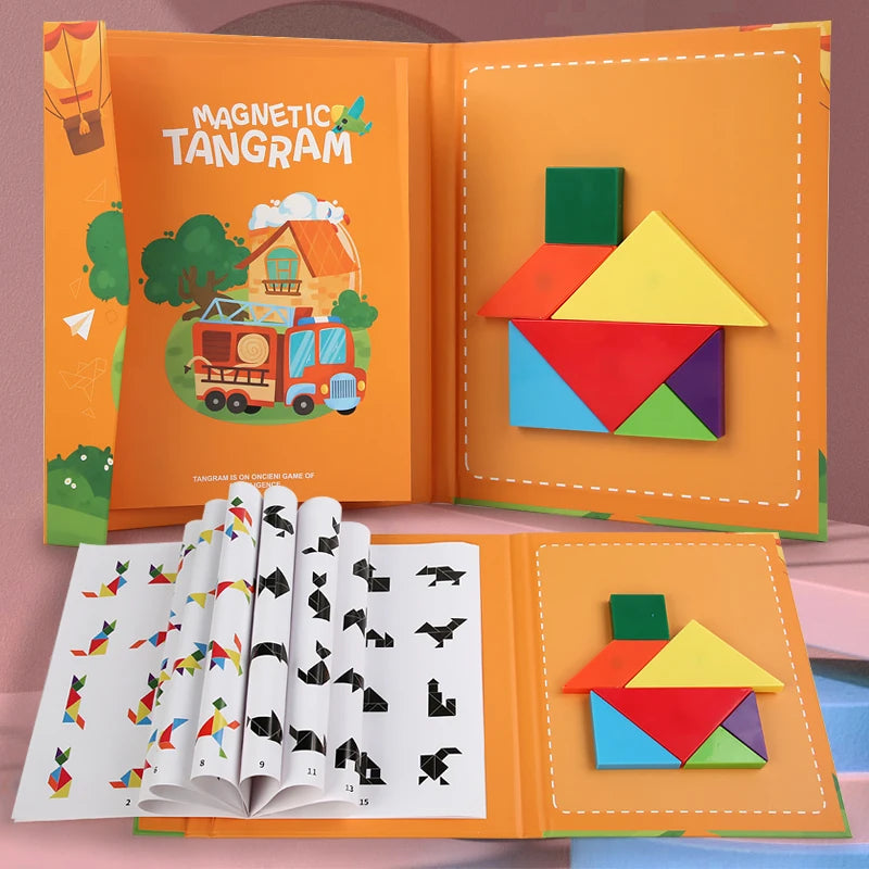 Livro Quebra‑Cabeça Tangram Magnético em Madeira – Brinquedo Educativo Montessori Portátil