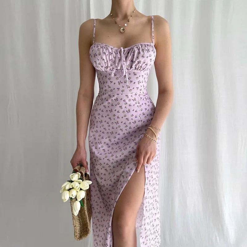 Vestido Longo Floral Feminino Vintage com Costas Abertas – Elegante, Ajustado e Perfeito para o Verão