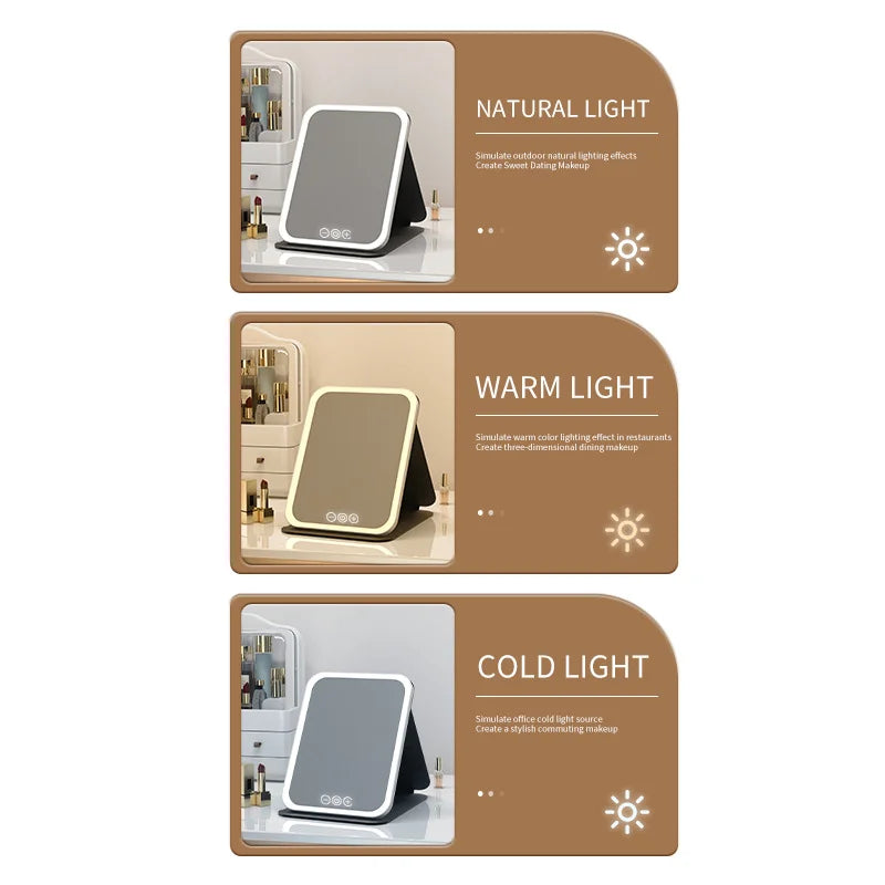 Espelho de Maquiagem LED Portátil Dobrável com Controle Touch – Recarregável e com 3 Cores de Luz