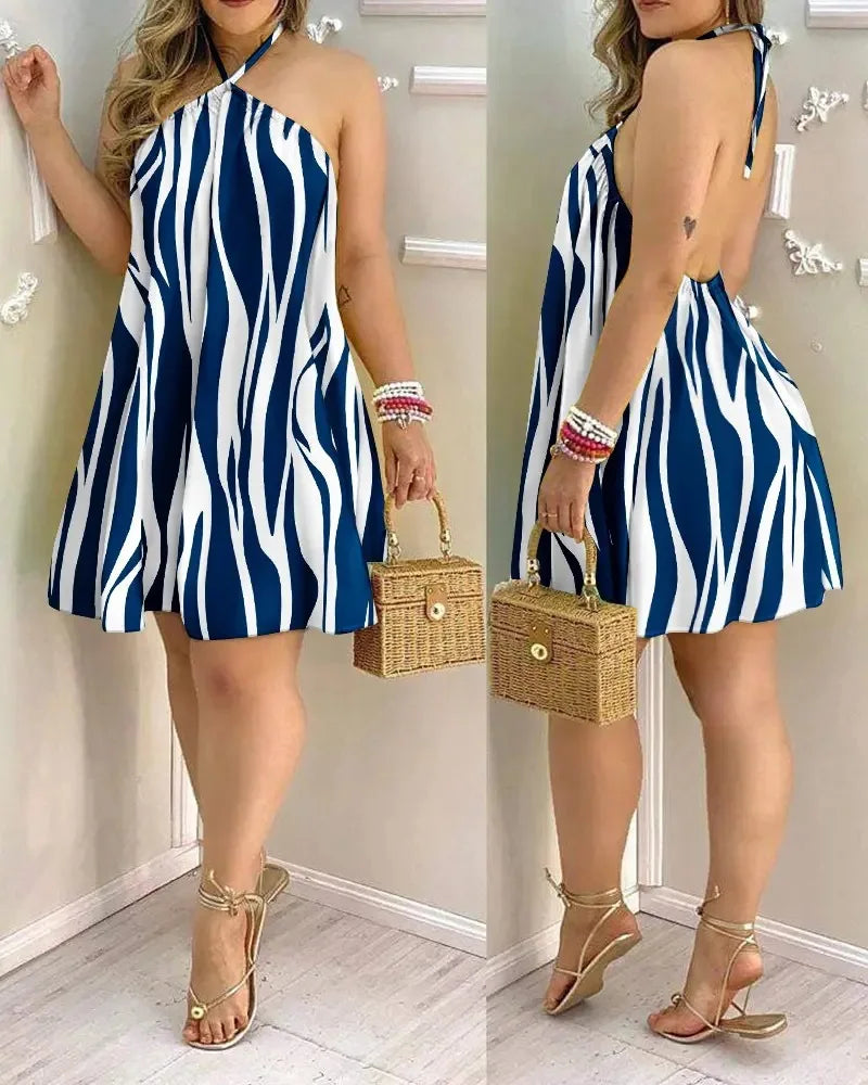 Vestido Boho Floral com Gola Halter e Costas Abertas – Mini Leve para Primavera e Verão
