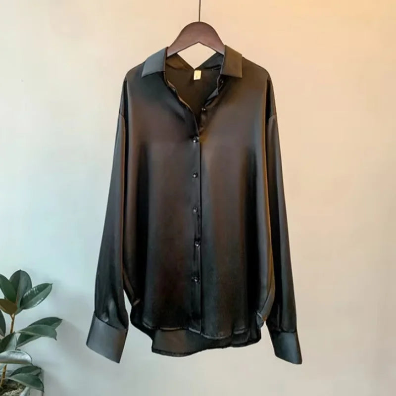 Camisa de Seda/Cetim Fashion com Botões – Estilo Vintage Feminino