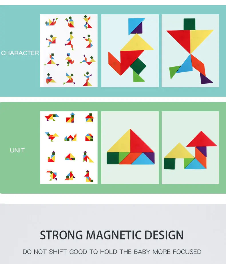 Livro Quebra‑Cabeça Tangram Magnético em Madeira – Brinquedo Educativo Montessori Portátil