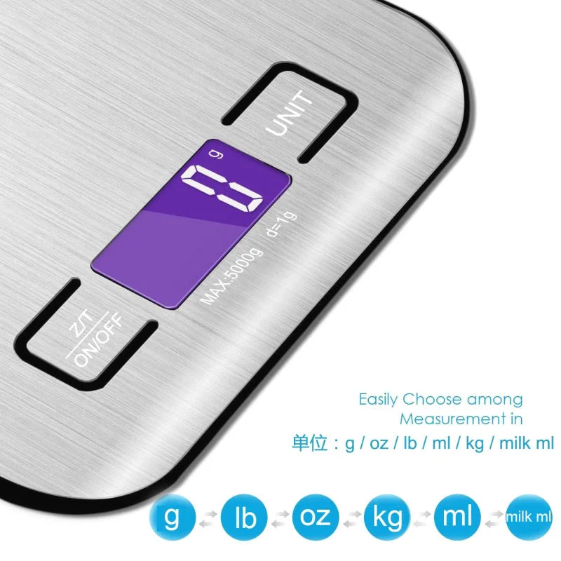 Balança Digital de Cozinha 5kg ou 10kg em Aço Inox – Precisa, Compacta e Recarregável