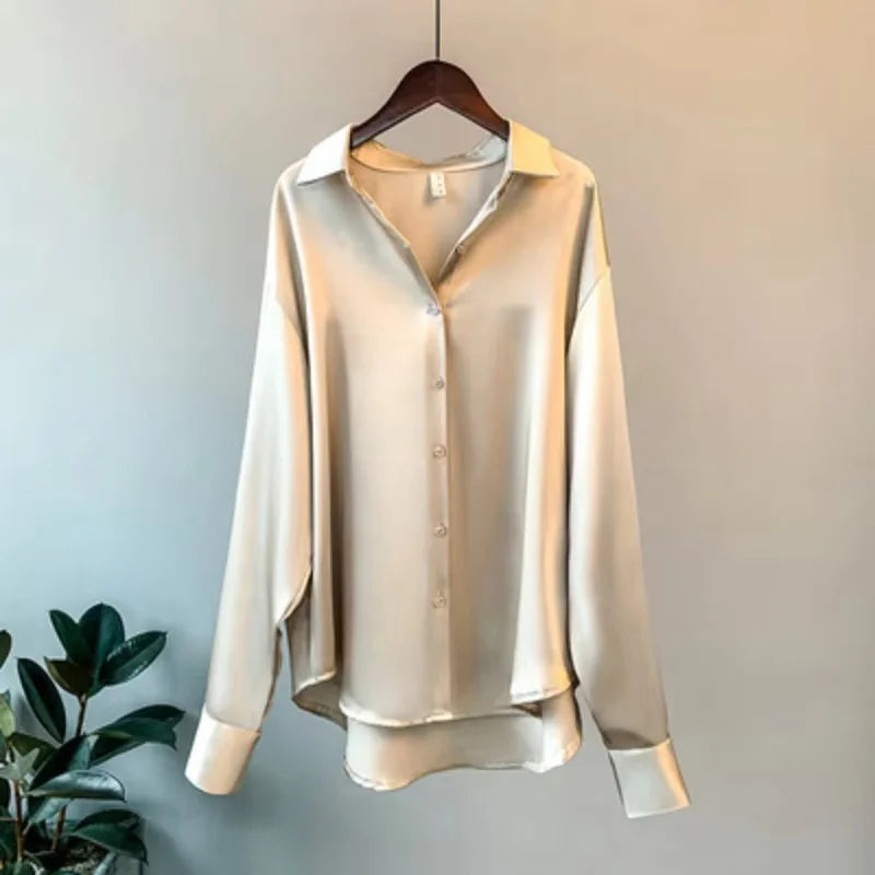 Camisa de Seda/Cetim Fashion com Botões – Estilo Vintage Feminino