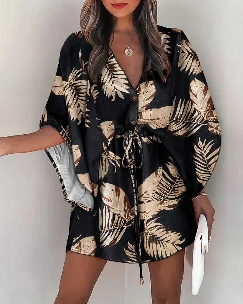 Vestido Boho Floral de Verão com Manga Morcego, Decote V e Barra Assimétrica
