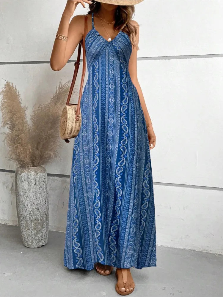 Vestido Longo Feminino Estampado com Decote Halter