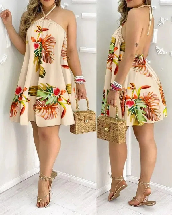 Vestido Boho Floral com Gola Halter e Costas Abertas – Mini Leve para Primavera e Verão