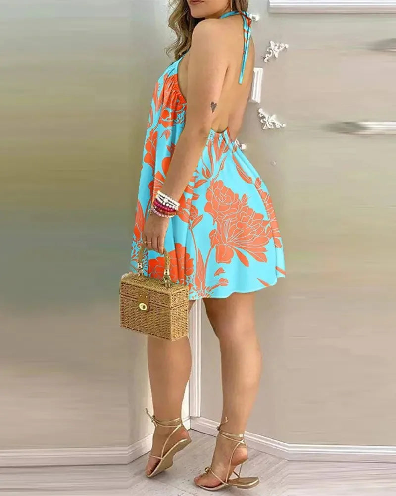 Vestido Boho Floral com Gola Halter e Costas Abertas – Mini Leve para Primavera e Verão
