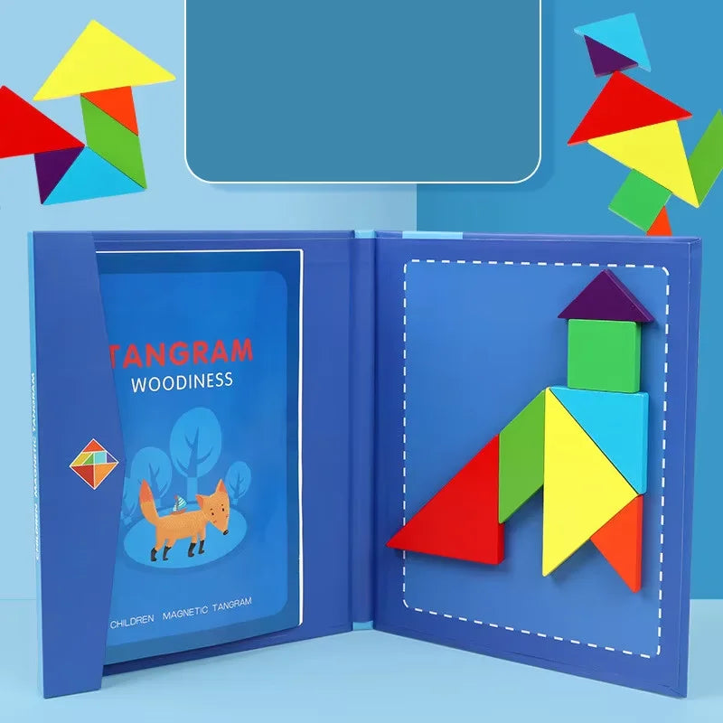 Livro Quebra‑Cabeça Tangram Magnético em Madeira – Brinquedo Educativo Montessori Portátil
