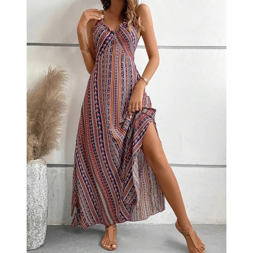 Vestido Longo Feminino Estampado com Decote Halter