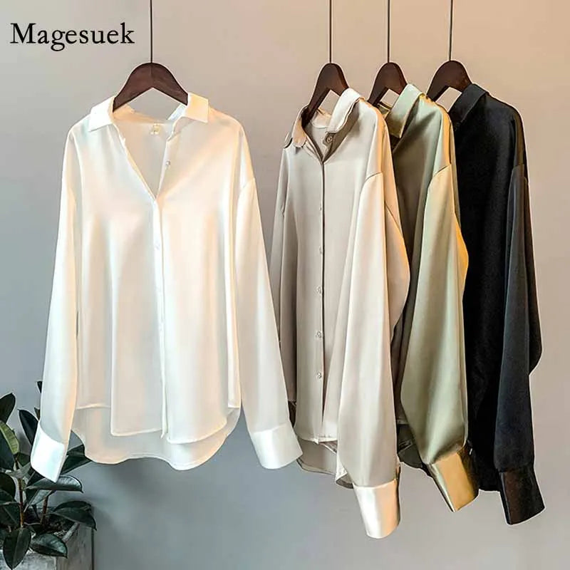 Camisa de Seda/Cetim Fashion com Botões – Estilo Vintage Feminino
