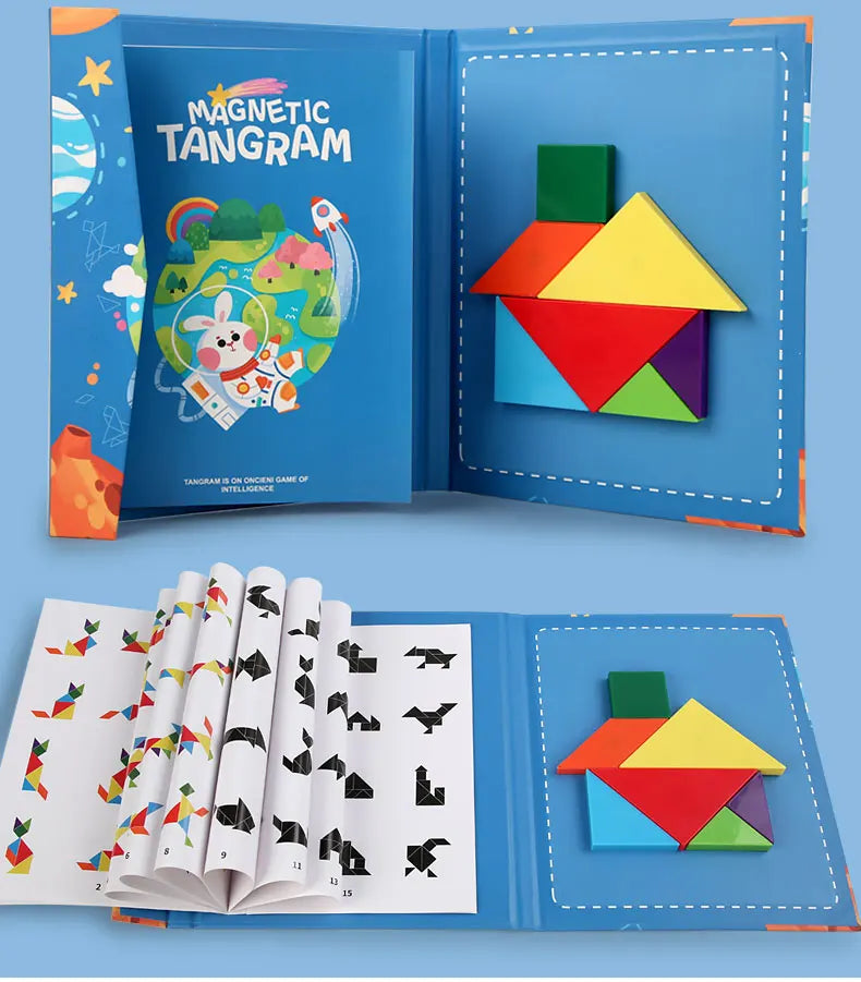Livro Quebra‑Cabeça Tangram Magnético em Madeira – Brinquedo Educativo Montessori Portátil