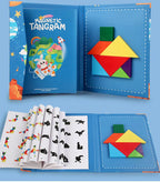 Livro Quebra‑Cabeça Tangram Magnético em Madeira – Brinquedo Educativo Montessori Portátil