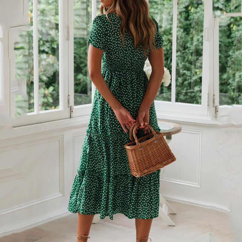 Vestido Feminino Boho Midi com Estampa Animal, Manga Bufante e Decote Quadrado – Verão Elegante e Estiloso
