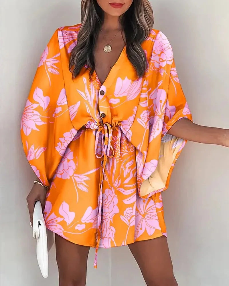 Vestido Boho Floral de Verão com Manga Morcego, Decote V e Barra Assimétrica