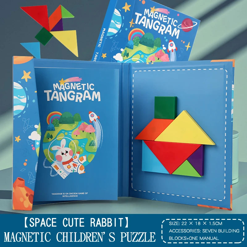 Livro Quebra‑Cabeça Tangram Magnético em Madeira – Brinquedo Educativo Montessori Portátil