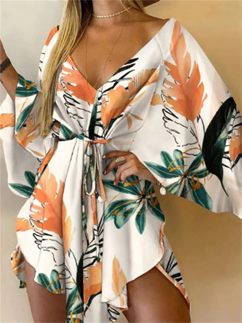Vestido Boho Estampado com Decote V e Manga Morcego – Mini Soltinho