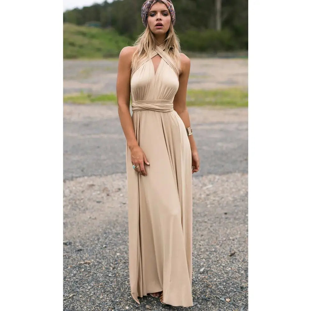 Vestido Longo Feminino Multiway Boho – Modelo Versátil com Amarrações e Caimento Elegante