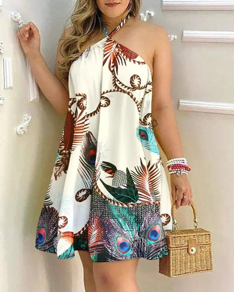 Vestido Boho Floral com Gola Halter e Costas Abertas – Mini Leve para Primavera e Verão