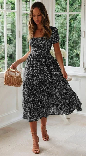 Vestido Feminino Boho Midi com Estampa Animal, Manga Bufante e Decote Quadrado – Verão Elegante e Estiloso