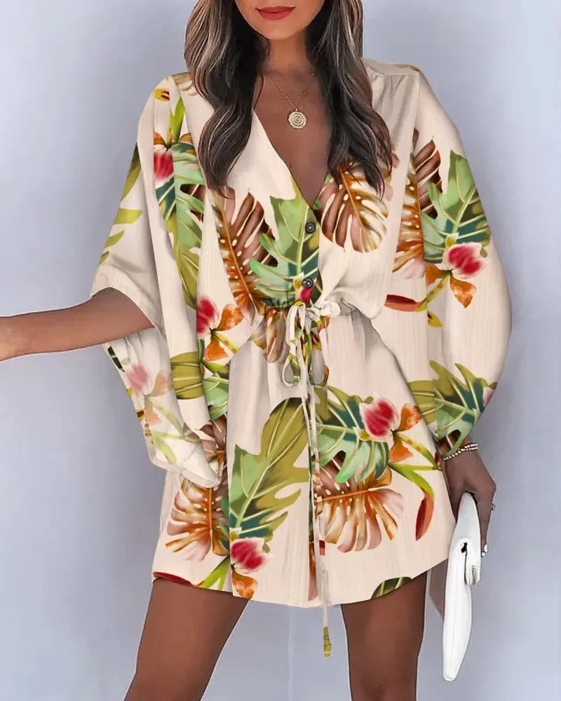 Vestido Boho Floral de Verão com Manga Morcego, Decote V e Barra Assimétrica