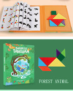 Livro Quebra‑Cabeça Tangram Magnético em Madeira – Brinquedo Educativo Montessori Portátil
