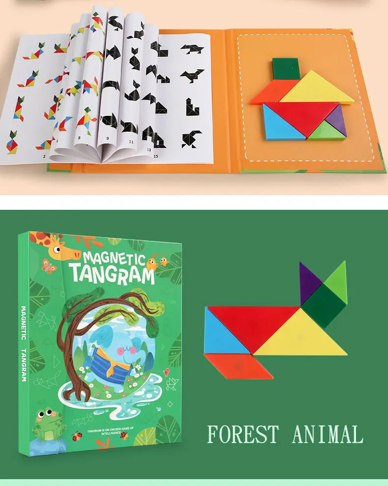 Livro Quebra‑Cabeça Tangram Magnético em Madeira – Brinquedo Educativo Montessori Portátil