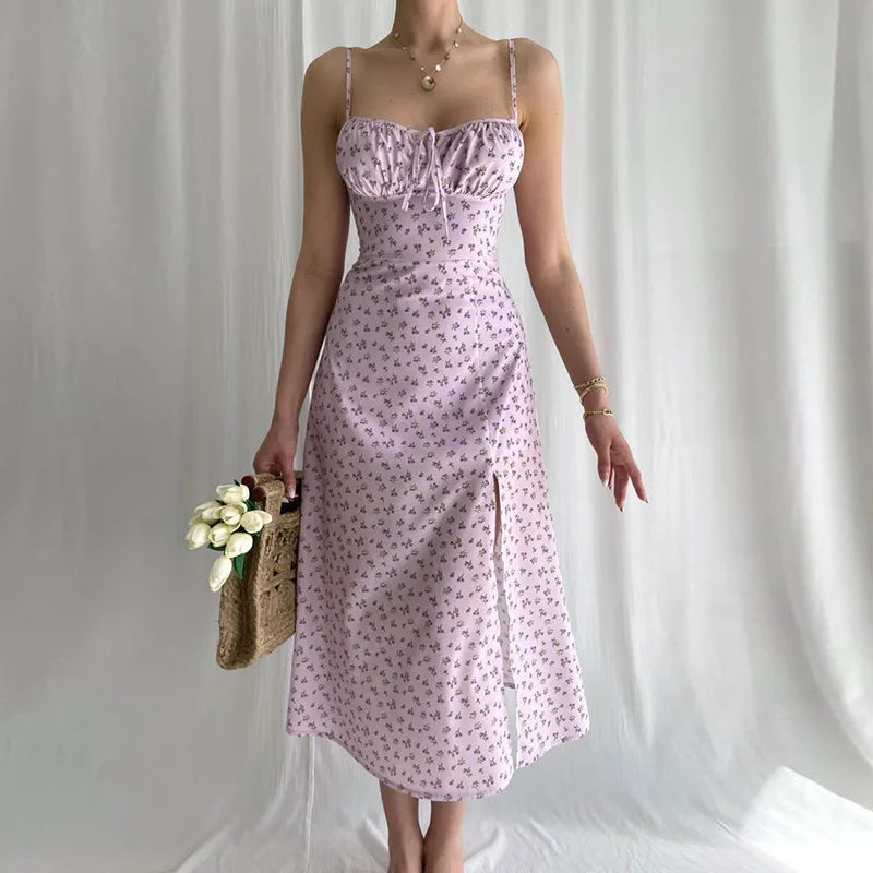 Vestido Longo Floral Feminino Vintage com Costas Abertas – Elegante, Ajustado e Perfeito para o Verão