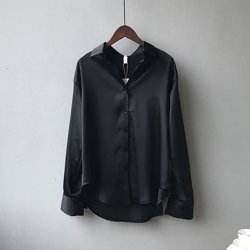 Camisa de Seda/Cetim Fashion com Botões – Estilo Vintage Feminino